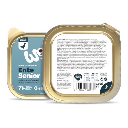 WOW Dog Senior Nassfutter mit Ente | Mit hohem Fleischanteil, ohne Getreide und Zucker | 150 g / 22er Pack