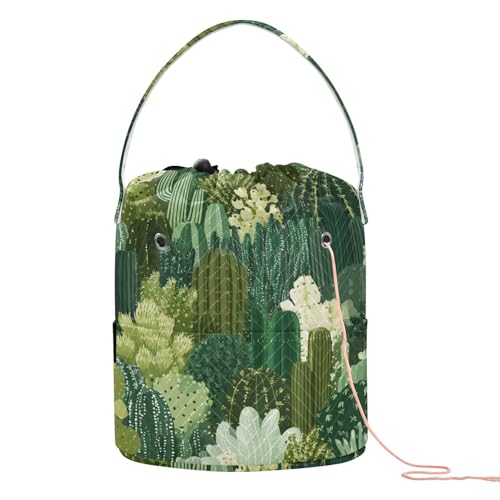Image of ElliTarr Crochet Bag Yarn Bag with Handle Portable Knitting Project Bag Travel Yarn Storage Organizer Holder Case Green Cacti Plants