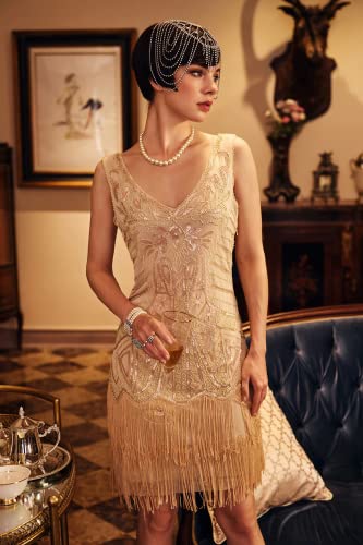 Image of BABEYOND Women's Flapper Dresses 1920s V Neck Beaded Fringed Great Gatsby Dress