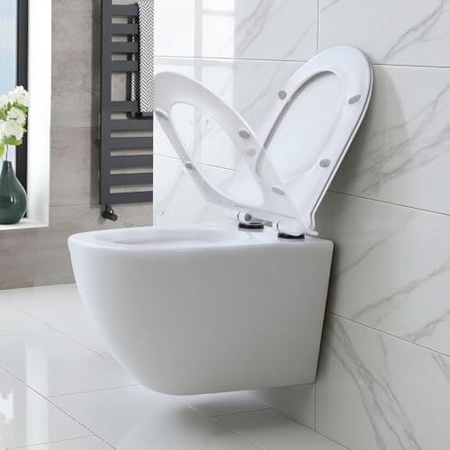 Inodoro de pared, inodoro monobloque con bidé sin tanque, asiento con cierre suave y descarga potente, capacidad 300KG, inodoro moderno blanco para baño y espacios pequeños