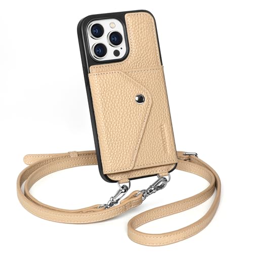 LUCKYCOIN Crossbody Phone Case for iPhone 15 Pro Max,100% Genuine Leather Phone Wallet Case for Women, Premium Hands-Free Phone Purse with Expandable Flip Card Holder & Adjustable Strap - Pebble Beige by LUCKYCOIN - Used condition - US$17.27