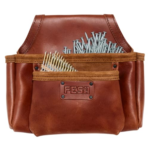 FESA 2 Pocket Nail Pouch for Tool Belts - Heavy Top Grain Leather Screw Pouch with 2 Extra Large Pockets for Fasteners - Heavy Duty Rivets & Stitching - Fits Tool Belts up to 3" - Handcrafted (Cherry)