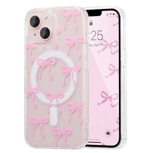UEEBAI Magnetic for iPhone 15 Plus Case & iPhone 14 Plus Case, Bow Case Compatible with MagSafe, Wireless Slim Clear Ribbon Phone Cover Anti-Yellowing Shockproof Protective Cover for Women Girl- Pink by UEEBAI - Used condition - US$7.49