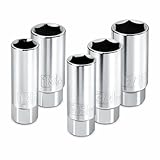 Powerbuilt 3/8-Inch Drive Spark Plug Socket Set, 6 Point, Deep Thin Wall, 5 Piece Metric and SAE - 640855, Grey