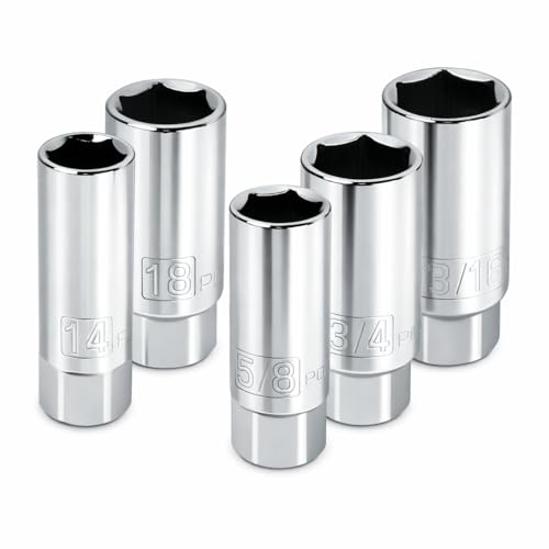 Powerbuilt 3/8-Inch Drive Spark Plug Socket Set, 6 Point, Deep Thin Wall, 5 Piece Metric and SAE - 640855, Grey