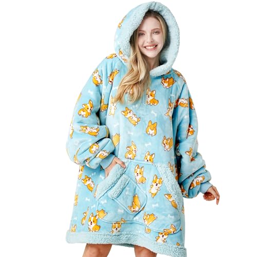 Giggling Getup Felpa con Coperta Indossabile per Donne e Uomini - Felpa con Coperta Oversize in Flanella e Sherpa Fleece, con Tasca e Maniche, Coperta, Regali di Compleanno per Adulti, Corgi
