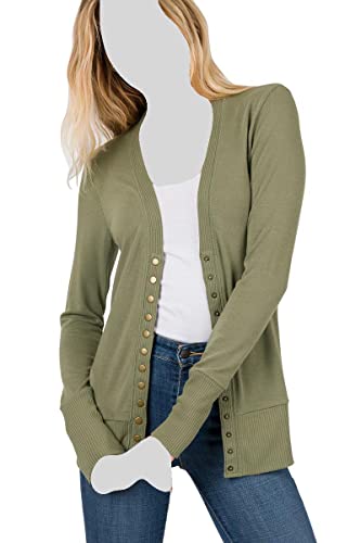 Cardigans for Women Long Sleeve Cardigan Knit Snap Button Sweater Regular & Plus - Light Olive (1X)