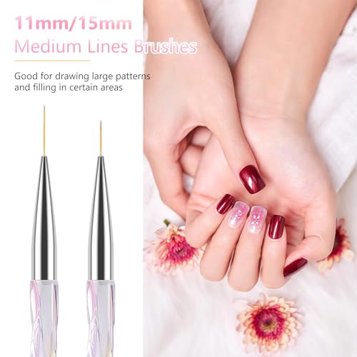 TEOYALL Nail Art Liner Brushes, Fine Line Nail Brush 7/9/11/15/20mm Thin Detail Precision Drawing Brushes for Gel Nail Polish