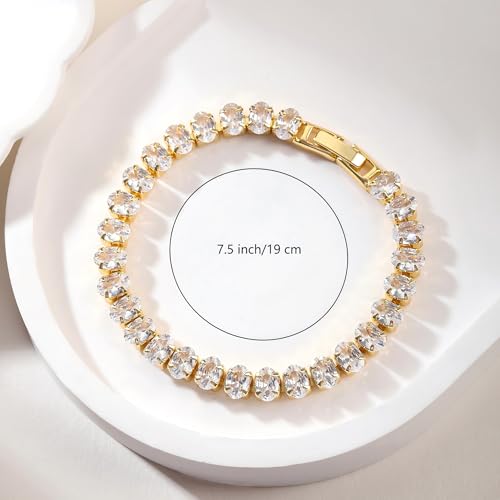 Image of 18K Gold-Plated Oval-Cut Cubic Zirconia Tennis Bracelet | 5.9-7.5 inches Multiple Sizes Fashionable Women's Gold Tennis Bracelet