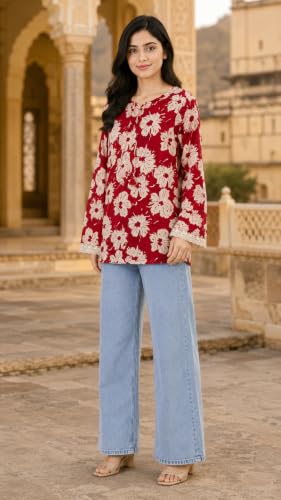 Image of Women's Floral Printed Cotton Kurti Summer Cotton Tunic Top for Girls