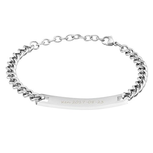 PiercingJ Personalized Gravur - Partner Armbänder aus Edelstahl Glatt ID Curb Kette Armband für Herren Damen, Silber