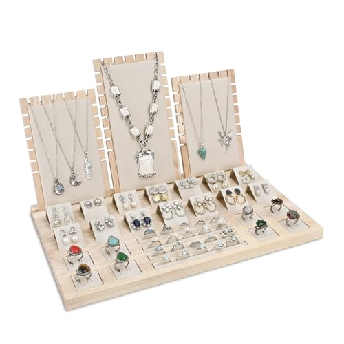 MOOCA Wooden Jewelry Display Stand Set - Versatile, Removable Organizer for Rings, Earrings, Necklaces and Pendants, Beige Suede, 15.3