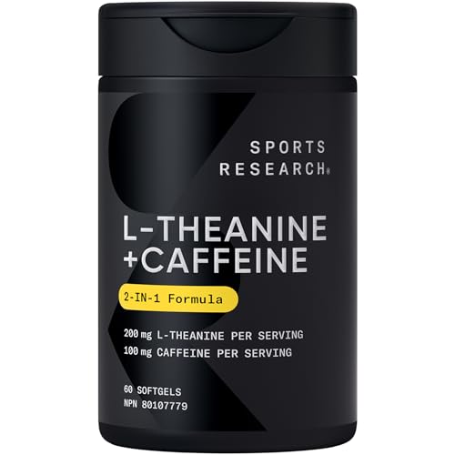 Sports Research - Sports Research 2-in-1 L-Theanine Supplement with Caffeine & MCT Oil from Organic Coconuts - Focused Energy, Alertness & Relaxation Without Drowsiness - 200mg L Theanine, 100mg Caffeine - 60 Softgels