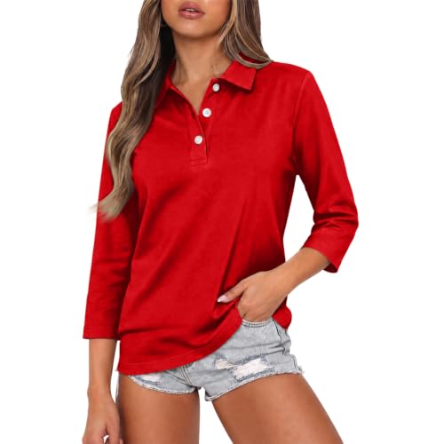 3/4 Sleeve Tops for Women Collared Button Cute Loose Y2K Plain Polo Shirts - image 3