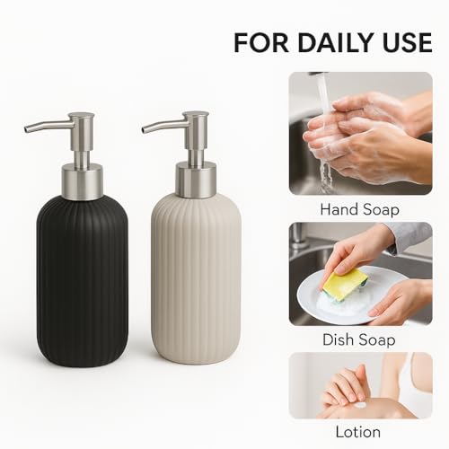 Image of LAGET 300ml Soap Dispenser for Wash Basin -Ribbed Design | Kitchen and Bathroom Accessories Items | Liquid Handwash Dispenser Bottle Chrome Finsih Top- Set of 2 (Black and Grey)