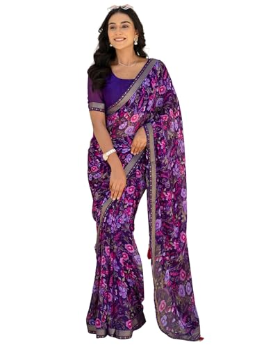 Image of SIRIL Women's Chiffon Printed Saree With Unstitched Blouse Piece