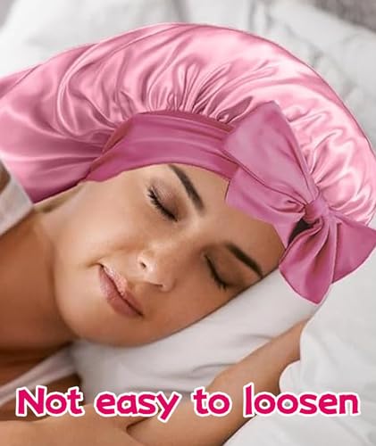 Image of Silk Bonnet for Sleeping, Satin Hair Cap for Sleeping, Bonnet for Curly Hair, Hair Bonnet for Women, Hair Cap for Sleeping, Satin Hair Bonnet for Night Hair Protection Pink