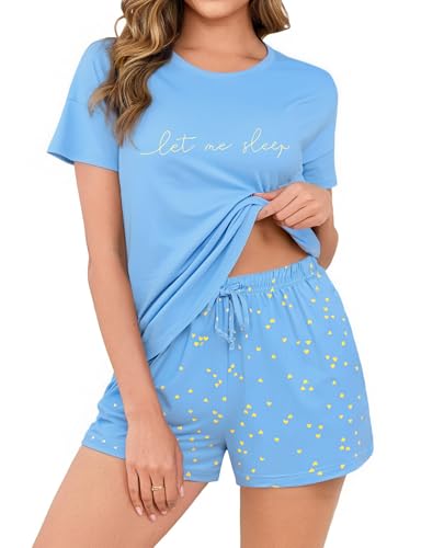 Crewhpo Schlafanzüge Damen für Sommer Baumwolle Pyjama mit Rundhalsausschnitt mit Print Nachtwäsche Zweiteiliger Kurzarm Schlafanzüge Set Loungewear Sleepwear Freizeitanzug