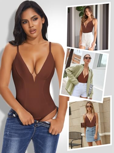 Image of SHAPERIN Bodysuit for Women Shapewear Tummy Control Deep V Neck Plunge Sleeveless Backless Thong Body Suit Tank Top