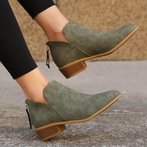 Womens V Cutout Ankle Boots Fashion Pointed Toe Chunky Stacked Heel Western Booties Zip Up Cowboy Boots Shoes Suede Chunky Low Heel Pull On Short Fall Winter Work Boots 5