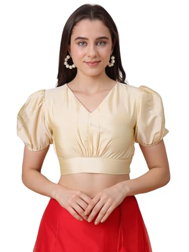 Image of Frolic Rolic Premium Silk V-Neck Blouse Readymade Saree Blouse - Designer Puff Sleeve Blouse for Wedding