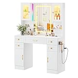 NUNU LAB Large Vanity Desk with Mirror and Lights with 5 Drawers and Cabinets, Women Makeup Table with Power Outlet 40 Inchs, 3-Color Adjustable Lighting for Bedroom (049 White)