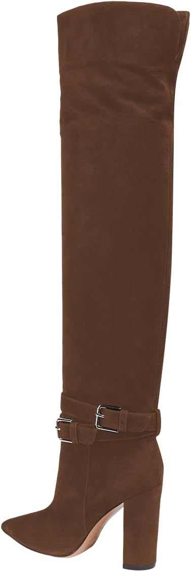 FOWT Women Pointed Toe Over The Knee Boots Block High Heel Long Boots Ankle Strap Bukle Pull on Shoes Size 4-16 US