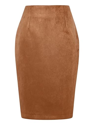 IDEALSANXUN Suede Skirt for Women 2025 Trendy Fall Winter High Waisted Bodycon Stretch Knee Length Pencil Midi Skirts with Slit, Suede Brown, XL