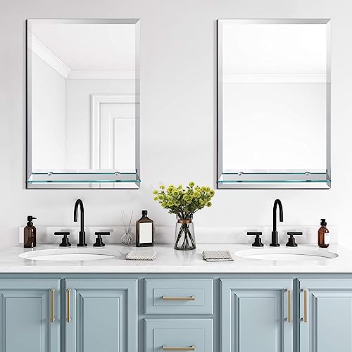 16"X24" Frameless Bathroom Mirror With Shelf, Wall Mirror Beveled Mirror Frameless For Bathroom, Bedroom, Living Room, Hallway #TOP1