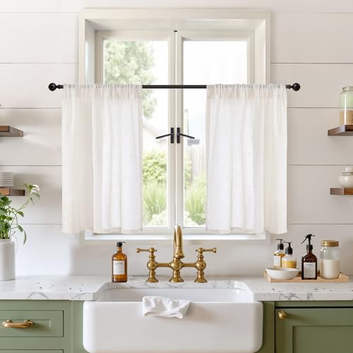 Image of BGment Linen Cafe Curtains 30 Inch Length, Small Semi Sheer Drapes Lightweight Rustic Textured for Bathroom Kitchen Windows Over Sink Decor Rod Pocket, 2 Panels Set, 30 Inch Wide Each Panel