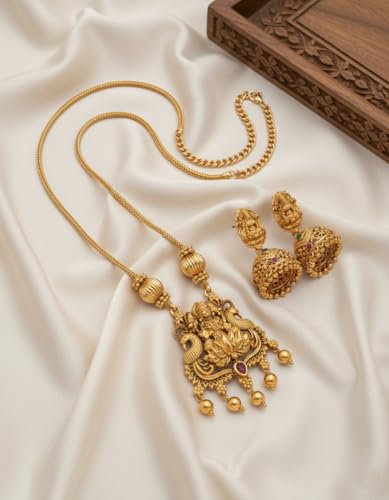 Image of Traditional Gold-Plated Lakshmi Temple Pendant Necklace Set for Women | Antique South Indian Jewelry with Jhumka Earrings | Ethnic Bridal, Wedding & Festive Jewelry Set