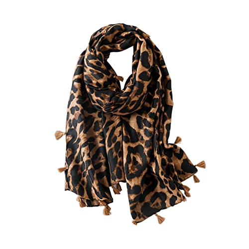 LumiSyne Bufandas Mujer Moda Leopardo Patrón Estampado Animal Vintage Étnico Algodón Lino Pañuelo Con Borlas Largo Cálido Fular Chal De Playa Toda La Temporada Cover