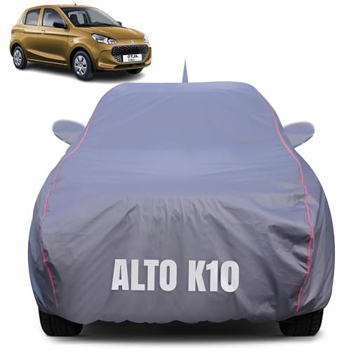 Image of 100% Waterproof Car Body Cover for Maruti Suzuki Alto K10 (2010-2025) with Mirror Pocket (Heat & UV Resistant, Triple Stitched, Soft Lining, Bottom Elastic & Piping) Grey