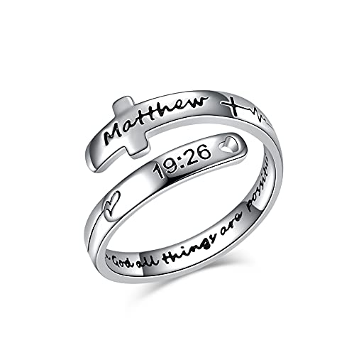 POPLYKE Cross Rings Sterling Silver Faith Adjustable Wrap Rings for Women Teens Inspirational Jewelr...