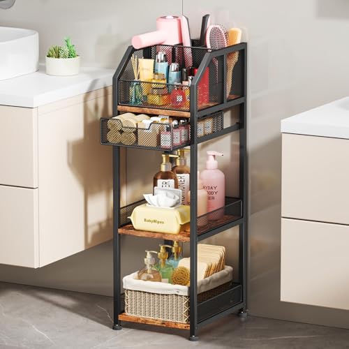SWTYMIKI 4-Tier Hair Tool Organizer - Bathroom Storage Shelf with Drawer & 3 Grids, Versatile Hair Dryer Holder for Cosmetic Hair Accessories Curling Iron Blow Dryer Straightener, Black