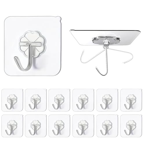 Solihigh Self Adhesive Hooks, 12PCS Heavy Duty Stick on Wall Hooks for Hanging, Waterproof and Oil-Resistant Sticky Hooks for Bathroom, Kitchen, Door, Towel, Office,Decorations