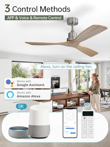Image of Sofucor 52 Inch Smart Wood Ceiling Fan No Light, Alexa /App /Remote Control | Without Light, Modern, 3 Blade, Quiet Reversible DC Motor, 6 Speeds, Indoor /Outdoor /Bedroom /Living Room /Patio, Natural Wood