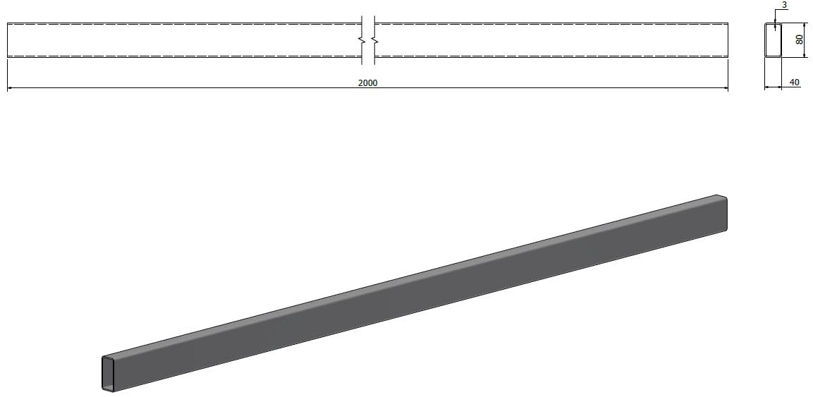 TUBO RECTANGULAR ACERO GALVANIZADO - Sección 80x40 mm - Longitud 2000 mm - Espesor 3 mm - 2 Unidades