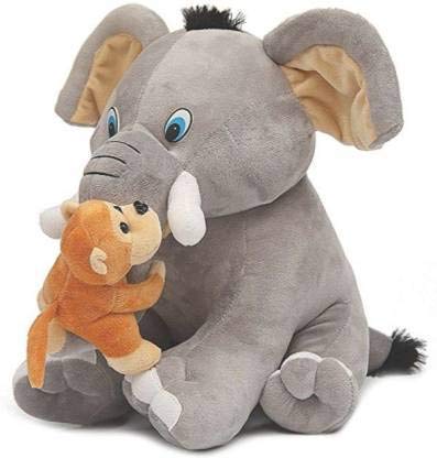 VIRSAA Big Cute Elephant with Playful Monkey Soft Toy - 24 cm  (Grey)