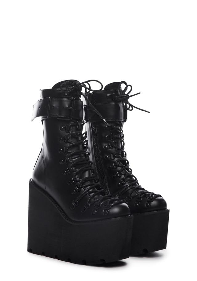 Dolls Kill Traitor Boots by Current Mood – Black Vegan Leather Platform Boots with Wedge Heels & Lace-Up Design
