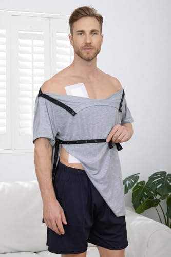Image of Post Shoulder Surgery Shirts for Men Tear Away Recovery Short Sleeve Full Open Side Snap Chemo Adaptive Shirt