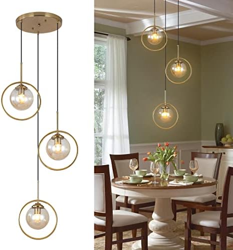 RIIGOOG 3 Light Pendant Lighting Modern Amber Glass Pendant Light Adjustable Hanging Pendant Lights Ceiling Lighting Fixture for Kitchen Dining Room Living Room Foyer Hallway