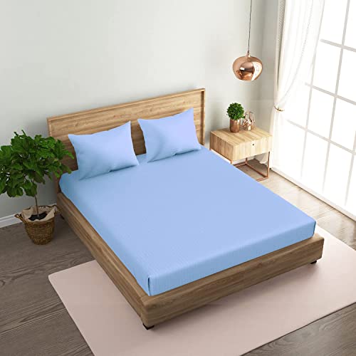 Image of 300 TC Glace Cotton Plain Stripe Queen Size Single Bedsheet with 1 Pillow Cover for Home, Hotel, Guest Room (60 X 90) Inch Light Blue Pack 1