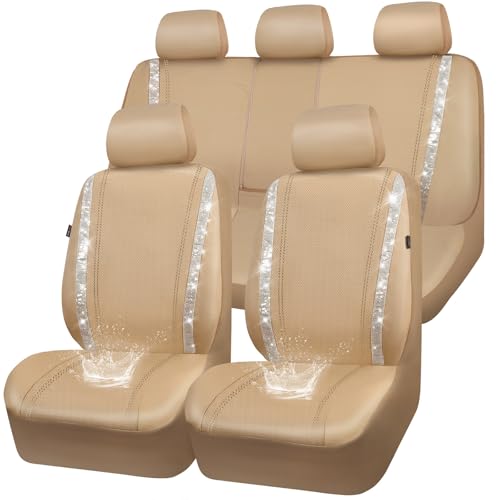 CAR PASS Bling Diamond Car Seat Covers Full Set Shining Glitter Rhinestone Waterproof Faux Leather Interior Sets Universal Fit Automotive Glitter Crystal Sparkle Strips for Cute Women Girl Beige