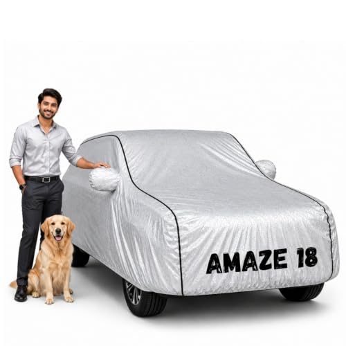 Image of Waterproof Car Cover for Amaze 18 | Soft Cotton Lining Heavy Duty Triple Stitched Heat Resistant Outdoor Cover Comes with Mirror and Antenna Pocket Full Bottom Elastic (Zig Zag Silver)