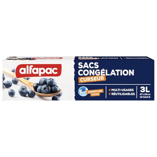 Alfapac – Bolsas de congelación con cierre deslizante – Herméticas y reutilizables – Fabricación francesa – Certificados Origen Francia – Protectores y conservantes – 10 x 3 L