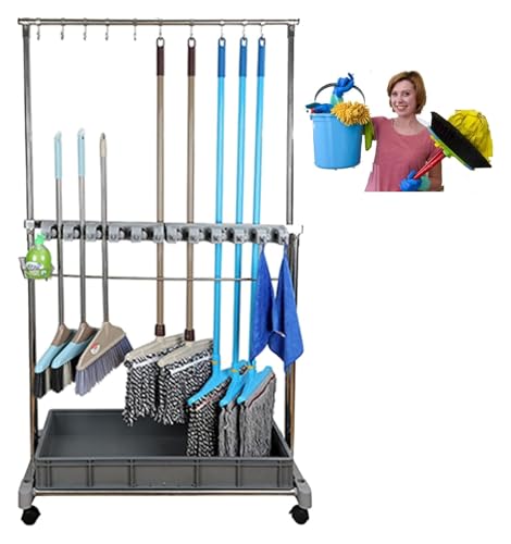 Broom Mop Holder Floor Standing Cleaning Tool Cart Storage,Mop And Broom Holder,Cleaning Supplies Organizer,Garden Tool Storage,With Universal Wheels,For Hotel,Schools,Single Deck,5Slots
