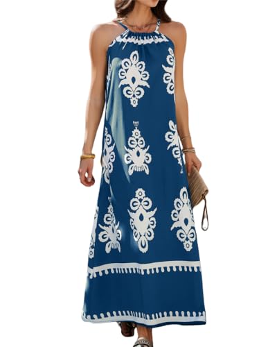 Image of Sulozom Summer Maxi Dresses for Women 2025 Casual Floral Halter Sleeveless Boho Dress Flowy Beach Vacation Outfits