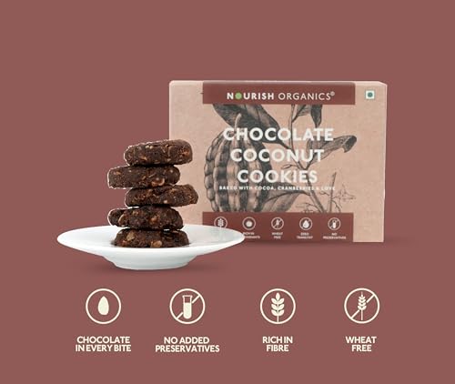 Image of Nourish Organics Chocolate Coconut Cookies | Wholesome Chocolaty Cookies with Coconut | Made with Cocoa, Oats & Cashews | High Fibre Snack | No Refined Sugar | 120g (Pack of 2)