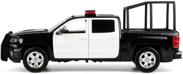 Motormax 2017 1500 LT Z71 Crew Cab Pickup Truck with Bed Cage Black and White with Flashing Light Bar and Front and Rear Lights and Sounds 1/27 Diecast Model Car 79547BKW